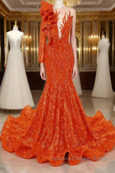 Orange Mermaid One Sleeve Semi Formal Prom Dresses Sequined Lace Jewel Ruffles Evening Party Dresses with Appliques